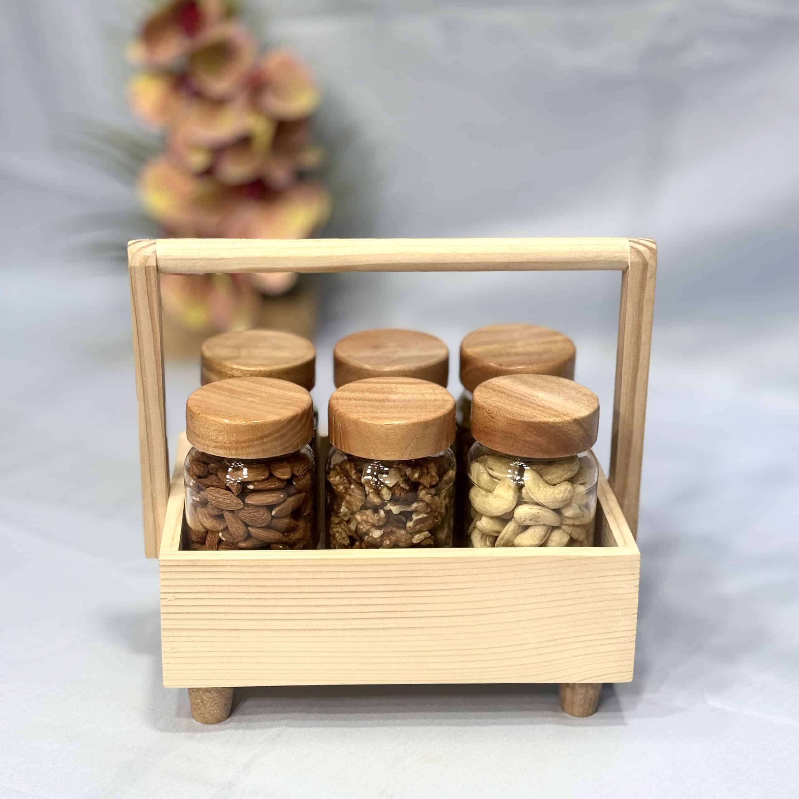 Wooden Spice Tray with 6 pcs glass jar